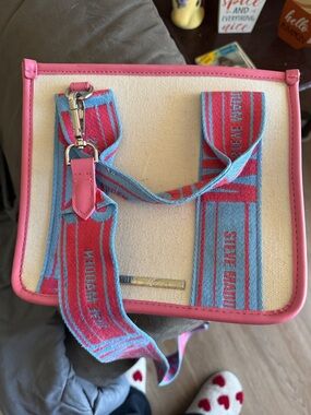 Steve Madden Pink-Trim Canvas Crossbody with pink & Blue Strap